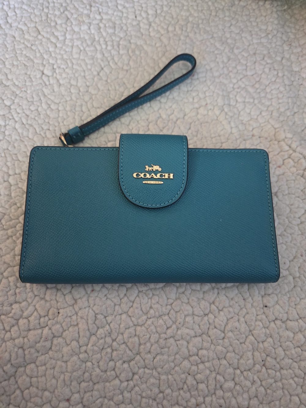 Coach Teal Leather Wristlet Wallet with Gold Logo